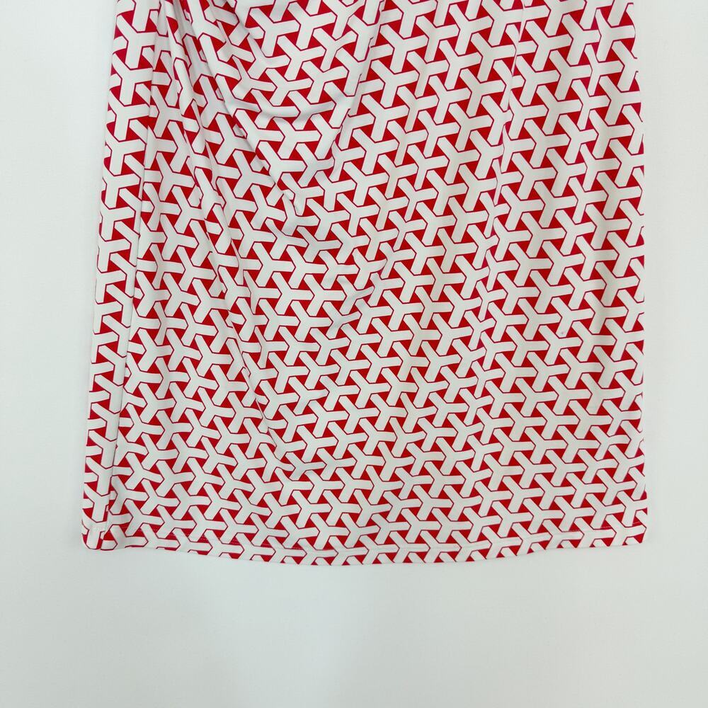 J. McLaughlin Sleeveless Ruched Dress Coral  & White Geometric Women's Medium - Picture 3 of 13